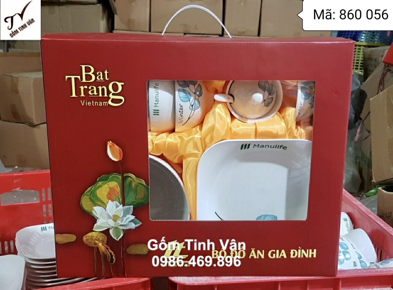 Bộ chén đĩa, đồ ăn gia đình, mã 860056, in logo quà tặng hội nghị đẹp, sang trọng, hộp si đỏ lót lụa, gốm sứ bát tràng, tinh vân