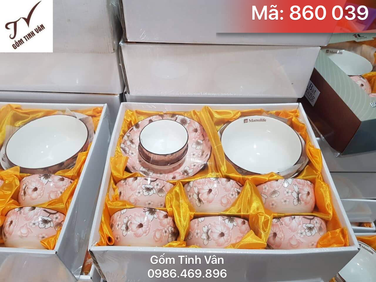 Bộ tô chén đĩa quà tặng, mã 860039, men trắng, vẽ hoa văn sang trọng, tặng khách hàng, in logo giá rẻ, gốm bát tràng, tinh vân