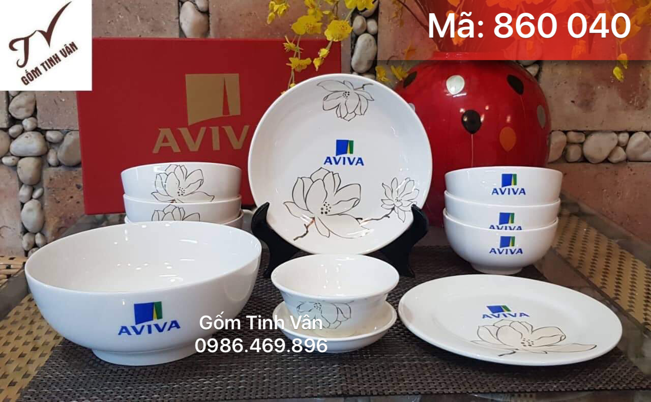 Bộ tô chén đĩa quà tặng, mã 860040, men trắng, vẽ hoa văn sang trọng, tặng khách hàng, in logo giá rẻ, gốm bát tràng, tinh vân