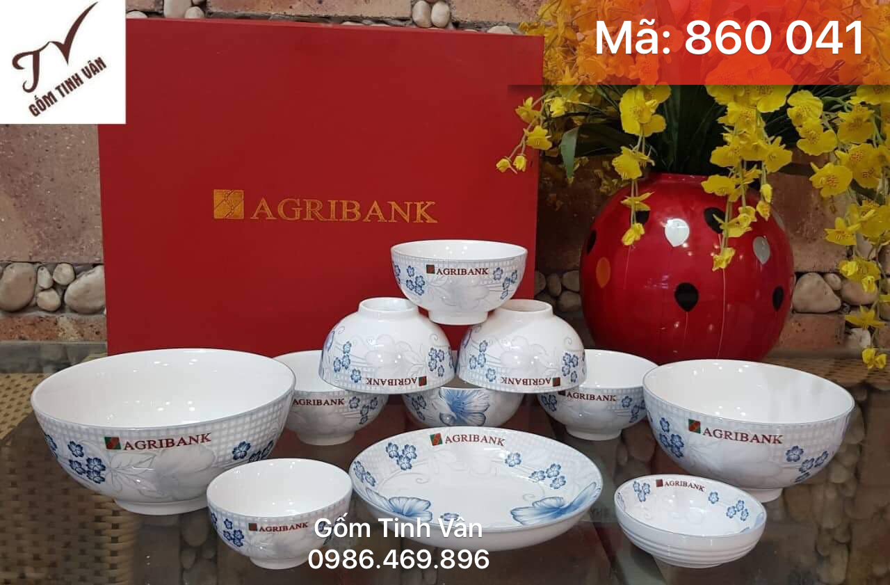Bộ tô chén đĩa quà tặng, mã 860041, men trắng, vẽ hoa văn sang trọng, tặng khách hàng, in logo giá rẻ, gốm bát tràng, tinh vân