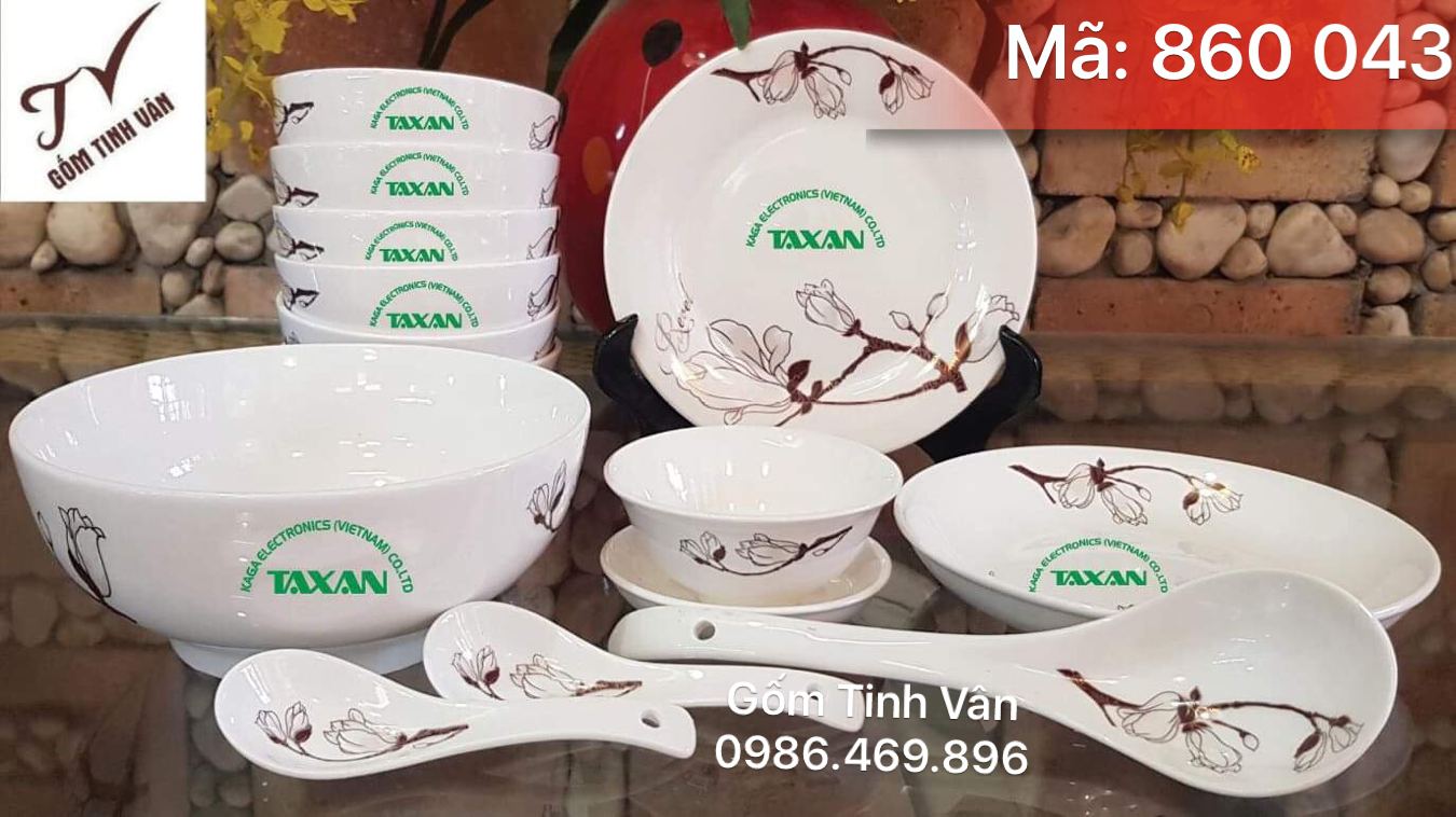 Bộ tô chén đĩa quà tặng, mã 860043, men trắng, vẽ hoa văn sang trọng, tặng khách hàng, in logo giá rẻ, gốm bát tràng, tinh vân