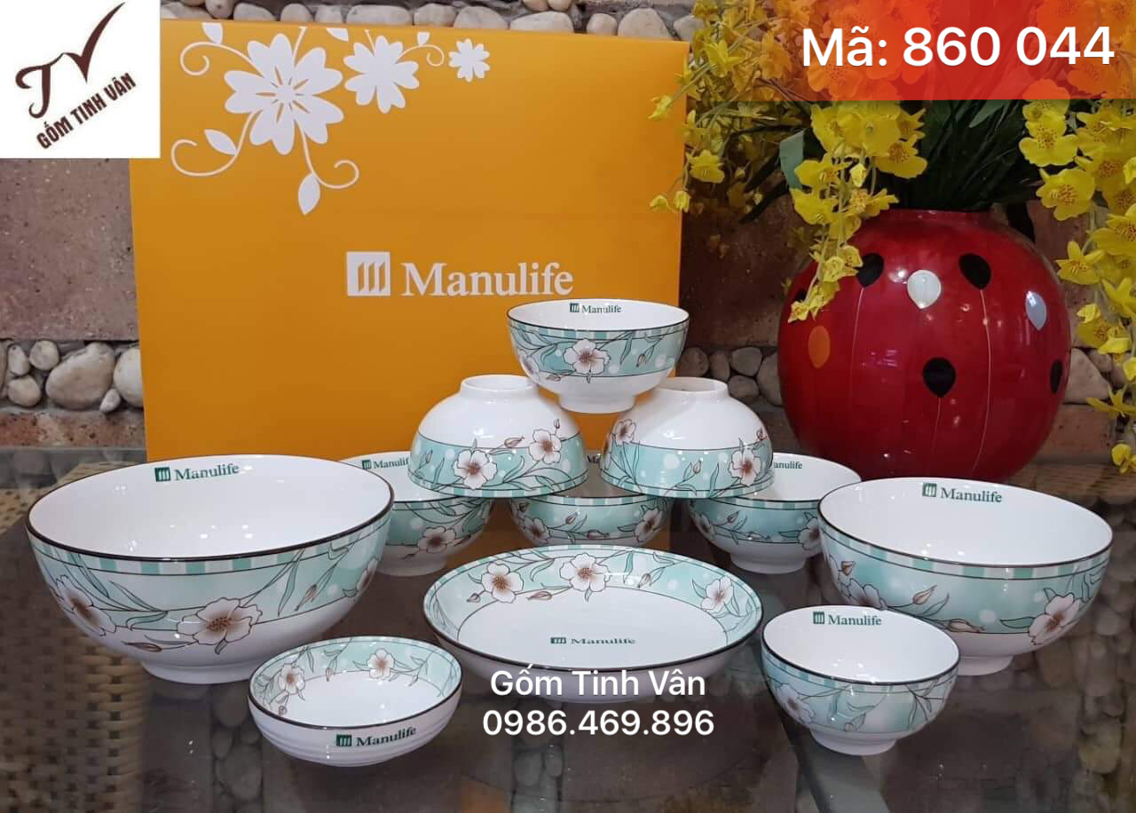 Bộ tô chén đĩa quà tặng, mã 860044, men trắng, vẽ hoa văn sang trọng, tặng khách hàng, in logo giá rẻ, gốm bát tràng, tinh vân