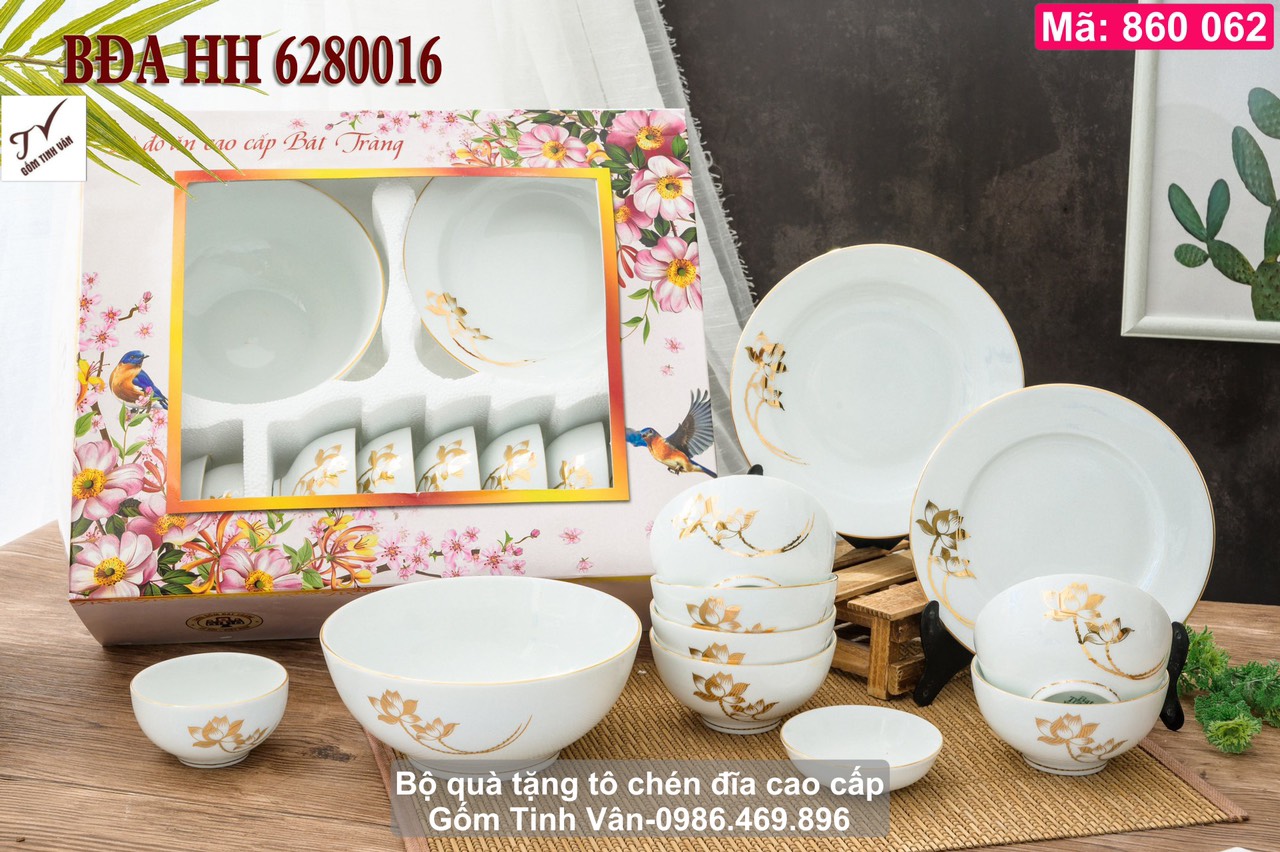 Video tổng hợp 8 mẫu bộ tô chén đĩa quà tặng đẹp nhất, men trắng, men kem vẽ hoa văn, mã 860062, gồm 6 chén cơm, 2 đĩa, 1 tô, 2 chén chấm, in logo quà tặng, gốm sứ bát tràng tinh vân
