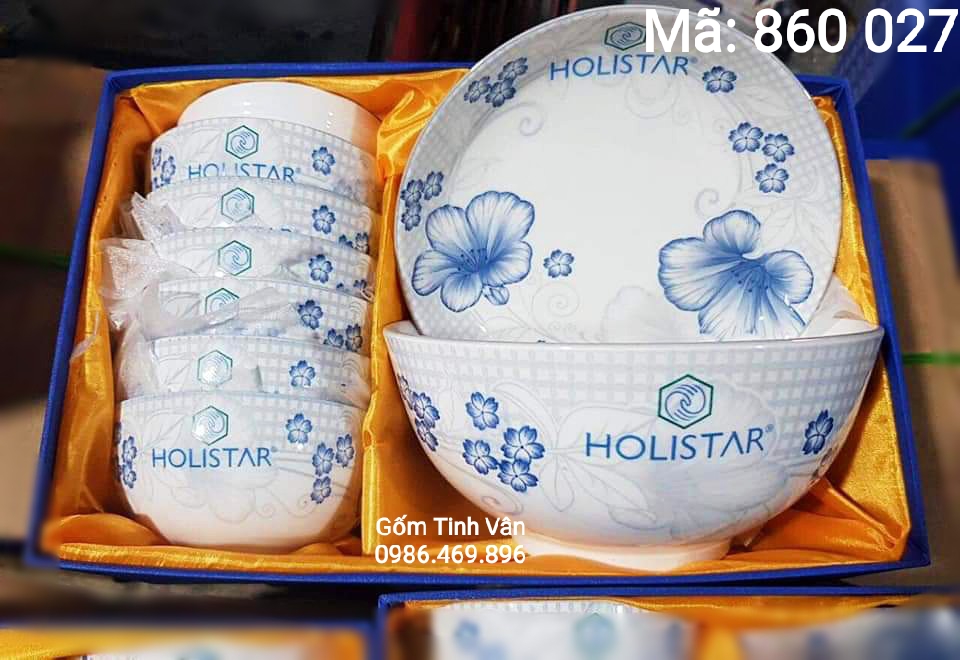 Trọn bộ đồ ăn, mã 860027, chén đĩa in logo, hoa mai xanh, gốm bát tràng, tịnh vân, từ 100 bộ