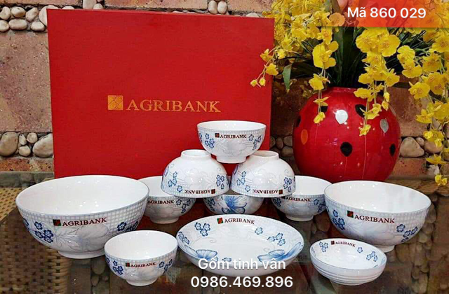 Trọn bộ tô chén đĩa, mã 860029, in logo agribank, quà tặng gốm bát tràng, tinh vân