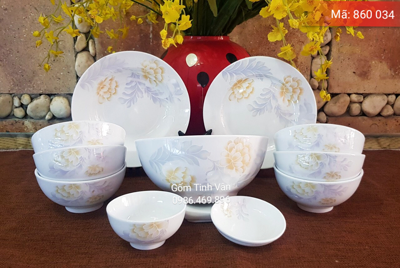Trọn bộ tô chén đĩa, mã 860034, men trắng vẽ hoa văn, in logo, quà tặng gốm sứ bát tràng, tinh vân