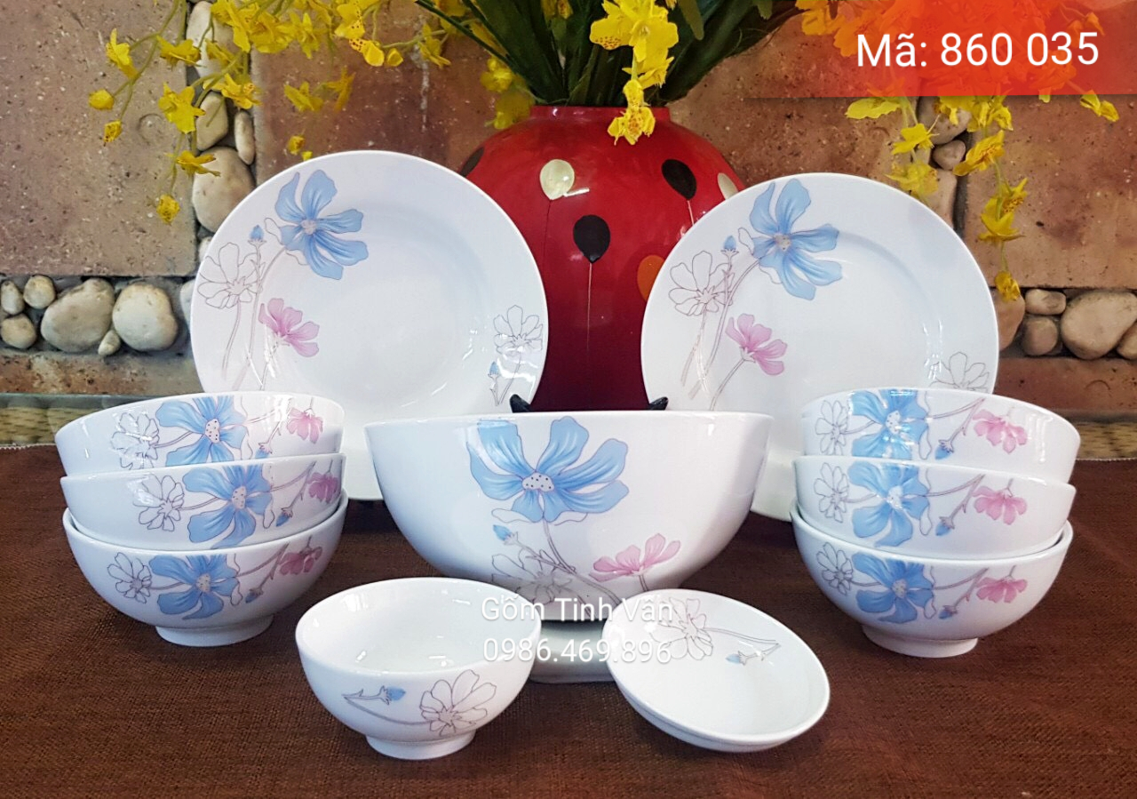 Trọn bộ tô chén đĩa, mã 860035, men trắng vẽ hoa văn, in logo, quà tặng gốm sứ bát tràng, tinh vân