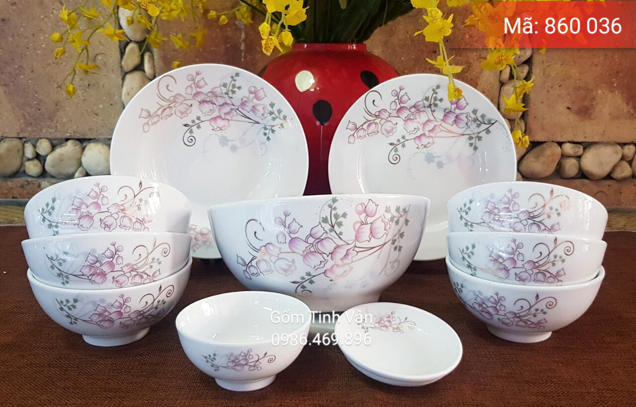 Trọn bộ tô chén đĩa, mã 860036, men trắng vẽ hoa văn, in logo, quà tặng gốm sứ bát tràng, tinh vân