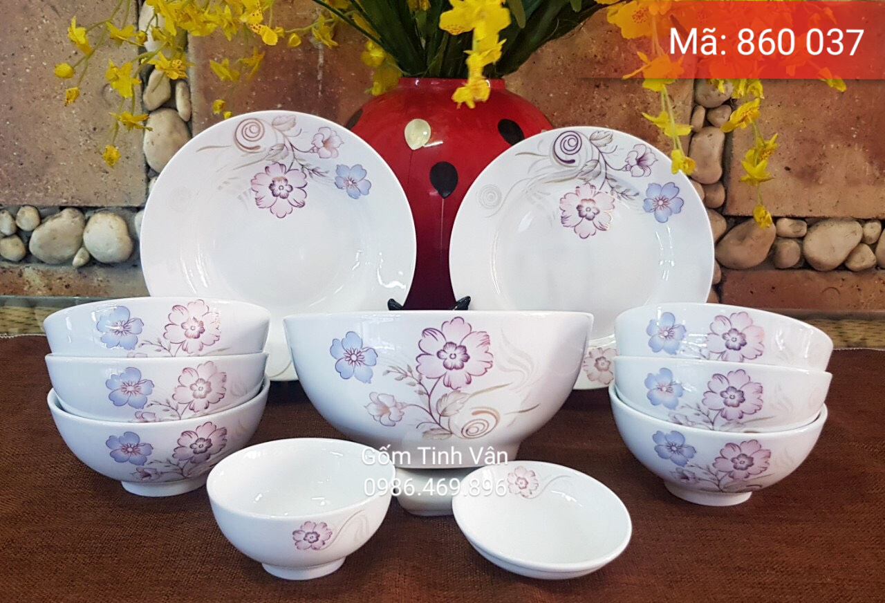 Trọn bộ tô chén đĩa, mã 860037, men trắng vẽ hoa văn, in logo, quà tặng gốm sứ bát tràng, tinh vân
