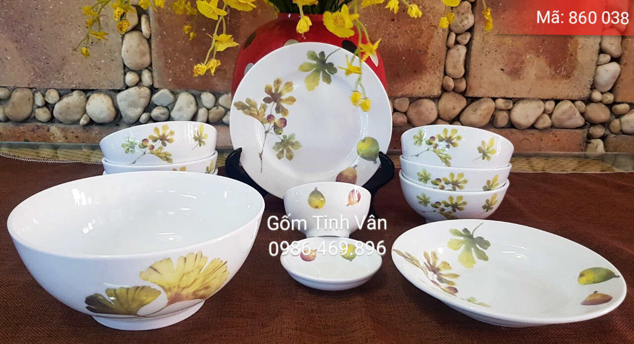 Trọn bộ tô chén đĩa, mã 860038, men trắng vẽ hoa văn, in logo, quà tặng gốm sứ bát tràng, tinh vân