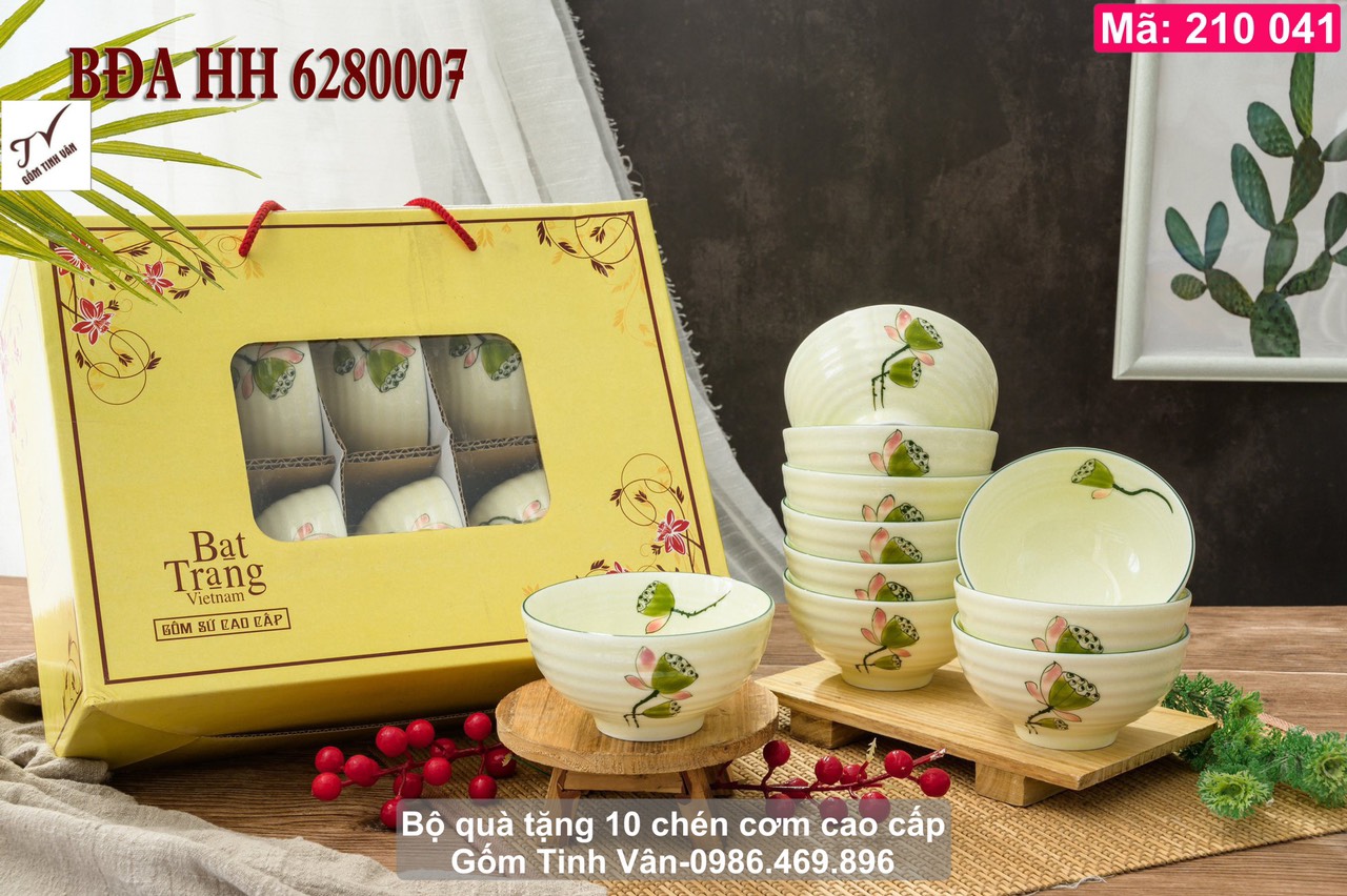 Tổng hợp video 11 mẫu chén cơm đẹp nhất, bộ quà tặng 10 bát cơm, đựng trong hộp và túi giấy sang trọng, quà tặng, quà biếu, mã 210041, in logo công ty, gốm sứ bát tràng tinh vân