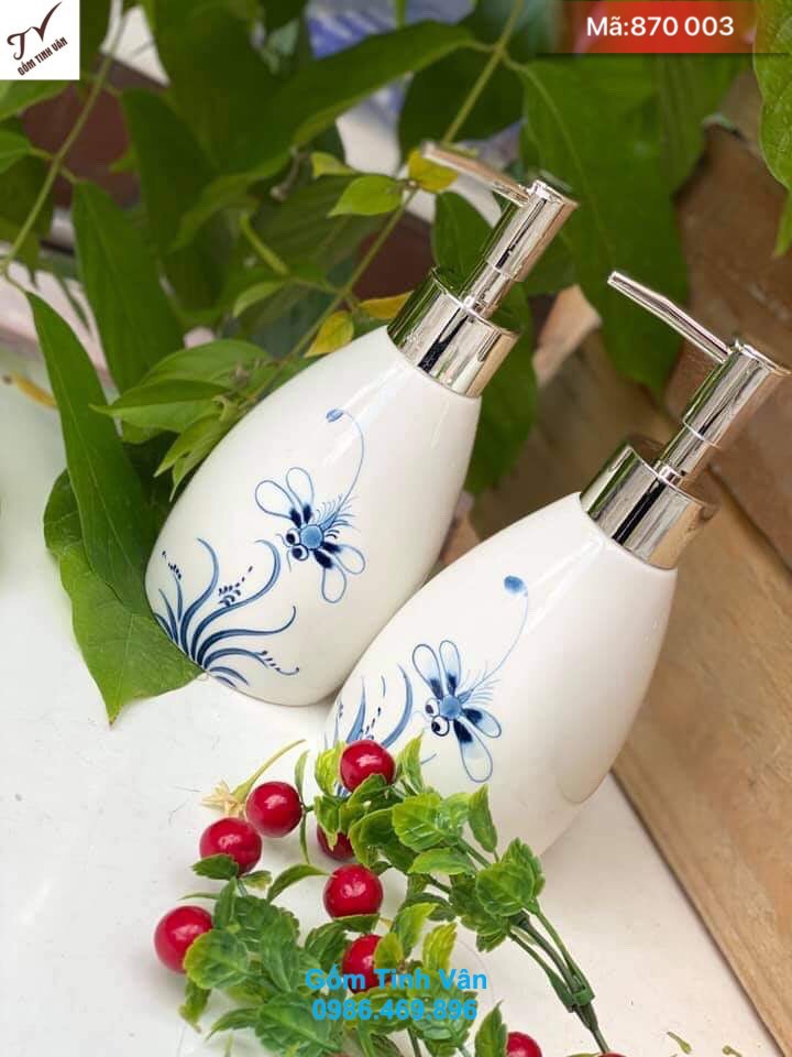 Bình đựng dầu gội, sữa tắm, mã 870003, dung tích 300ml, men trắng vẽ chuồn chuồn, in logo công ty, nắp inox, đồ dùng nhà tắm gốm bát tràng, giá báo trên 100 chiếc