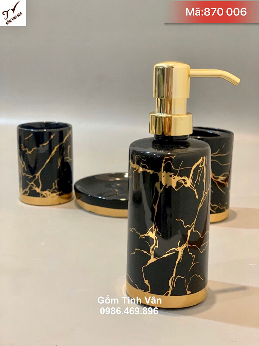 Bộ đồ dùng phòng tắm, mã 870006, đựng dầu gội, sữa tắm, xà bông, ly nước đánh răng, ống đựng bàn chải, kem đánh răng, men đen bóng vẽ vàng 24k cao cấp, gốm bát tràng tinh vân