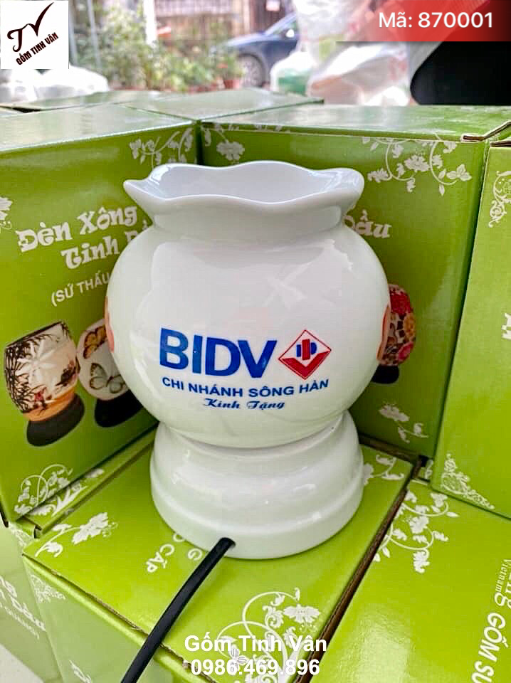 Đèn xông tinh dầu in logo, mã 870001, kích thước cao 13 cm đk 10 cm, sứ thấu quang, in logo BIDV, chi nhánh Sông Hàn, giá báo trên 100 chiếc, quà tặng ý nghĩa