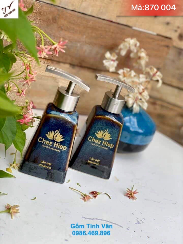 Bình đựng dầu gội, sữa tắm dáng vuông, mã 870004, dung tích 300ml, men xanh hoả biến, in logo công ty, nắp inox, đồ dùng nhà tắm gốm bát tràng, giá báo trên 100 chiếc