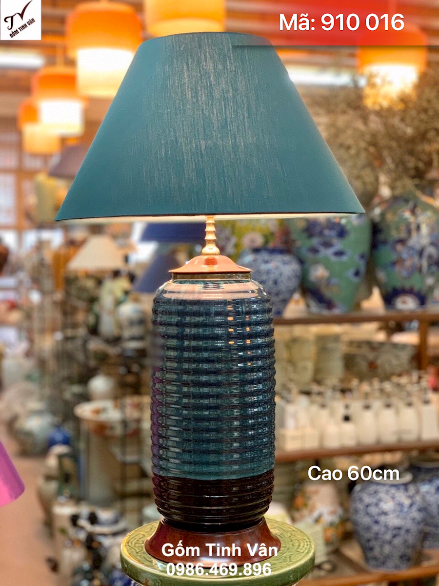 Đèn ngủ để bàn sang trọng, mã 910016, cao 60 cm, chân đèn gốm sứ dáng đèn lồng vân tròn, đèn ngủ gốm bát tràng tinh vân