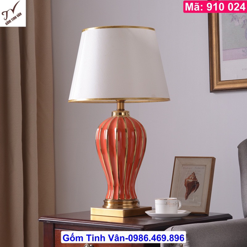 Đèn ngủ để bàn, trang trí, mã 910024, gốm sứ vẽ vàng 24k cao cấp, cao 60-65 cm, kiểu dáng sang trọng, pha lẫn hiện đại và cổ điển, đủ màu sắc, xanh lục bảo, cam, xám, dáng tròn, dáng ống..., gốm tinh vân