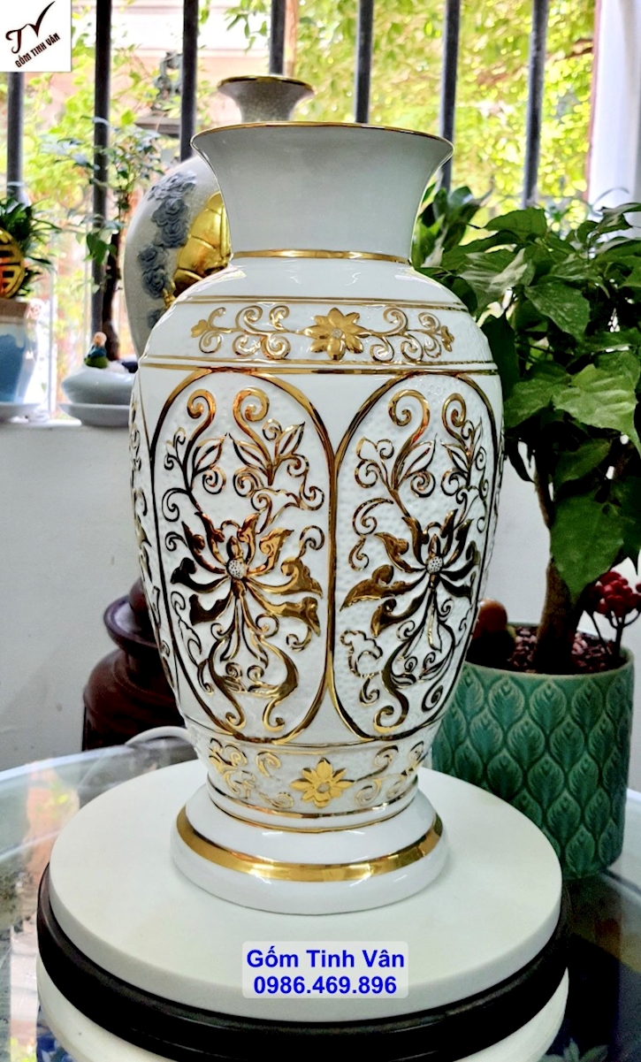 Video binh gom men trang ve vang 24 k sang trong, ma 920003, gom su bat trang tinh van, qua tang, qua bieu gia tri, cao cap, y nghia phong thuy