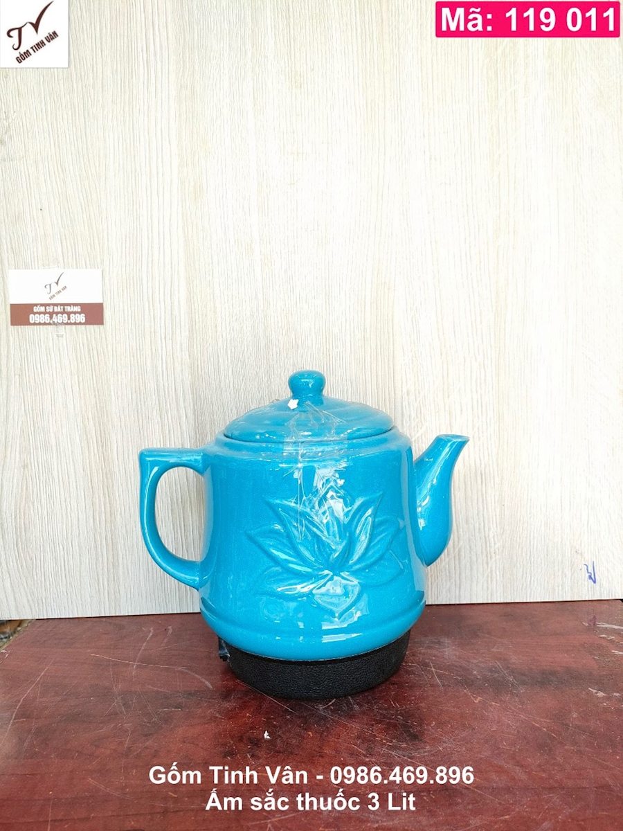 Ấm sắc thuốc 3 lit, mã 119011, siêu điện nấu thuốc, xanh dương, hoa sen, cây trúc đắp nổi, gốm bát tràng tinh vân
