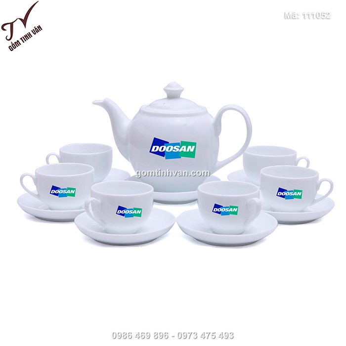 Bộ ấm chén trắng dáng bưởi in logo - 111052