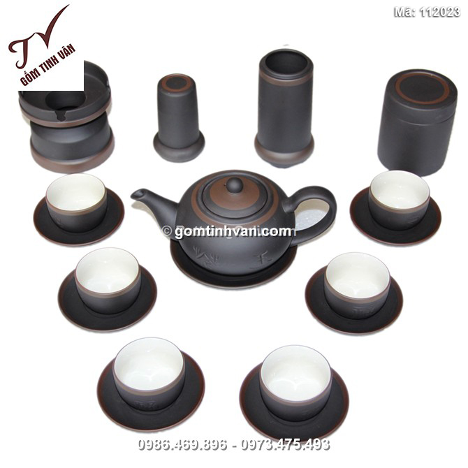Bộ ấm chén tử sa dáng chóp - men nâu - lòng trắng - đầy đủ phụ kiện - 112022