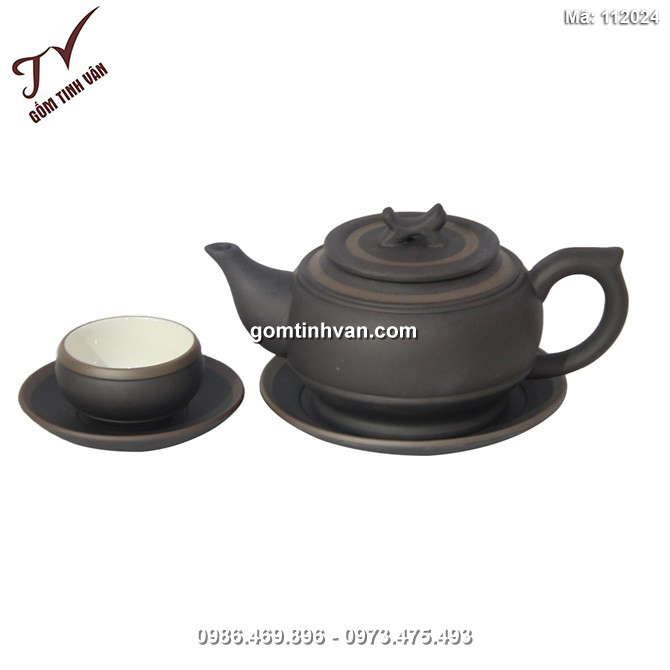 Ấm chén tử sa Bát Tràng - đai đen - chỉ bạc- lòng chén trắng - 112024