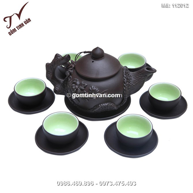 Bộ ấm tử sa đen - Đắp nổi hoa phù dung - 112012