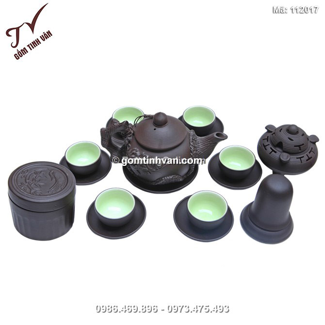 Bộ ấm chén gốm men đen - hoa phù dung - đầy đủ phụ kiện - 112017