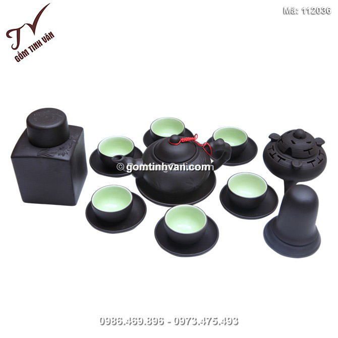 Bộ ấm chén gốm men đen - cây trúc - đầy đủ phụ kiện