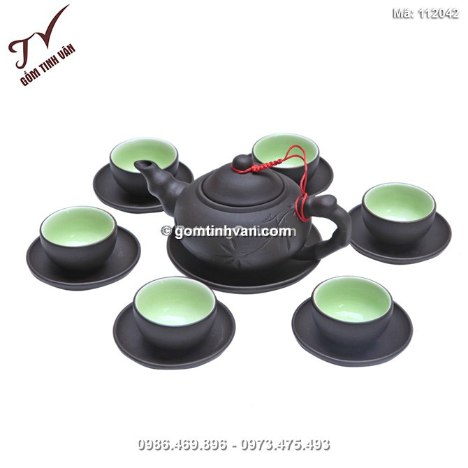 Bộ ấm chén gốm men đen - cây trúc - 112042