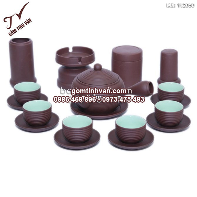 Bộ ấm chén tử sa dáng chuông - men nâu - lòng trắng - 112048