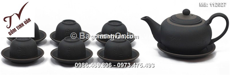 Bộ ấm chén tử sa Phúc Lộc Thọ - chỉ nâu - lòng xanh - 112027