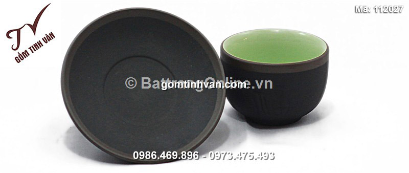 Bộ ấm chén tử sa Phúc Lộc Thọ - chỉ nâu - lòng xanh - 112027