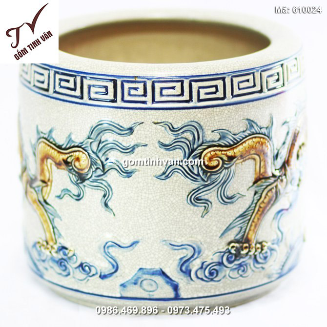 Bát hương Rồng nổi - men rạn cổ - đường kính 14 - cao 12 cm - 610024