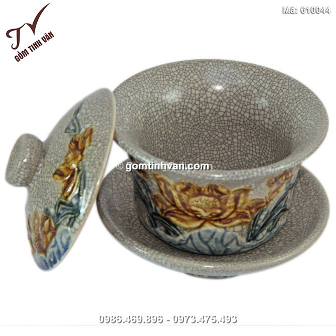 Bát nắp đắp nổi hoa sen - men rạn cổ - 610044