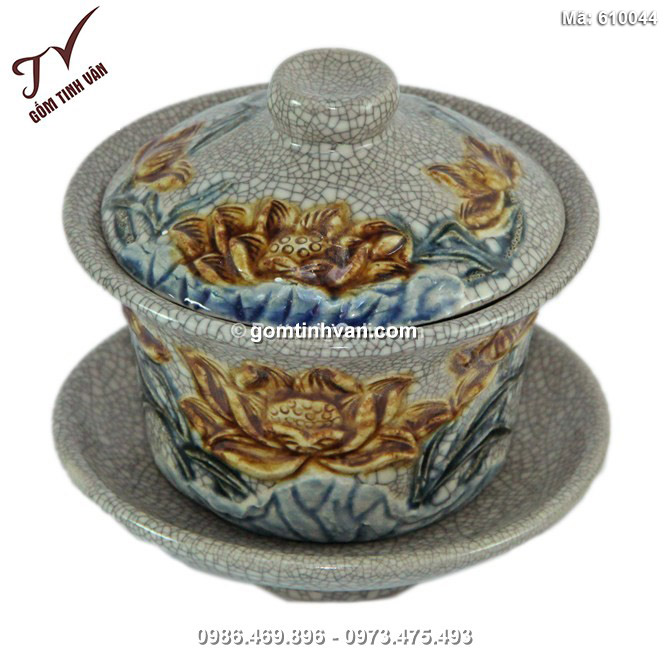 Bát nắp đắp nổi hoa sen - men rạn cổ - 610044