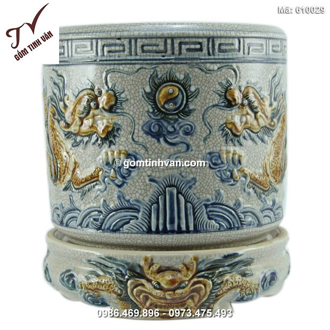 Chân bát hương - men rạn cổ - đắp nổi - đường kính 14cm - 610029