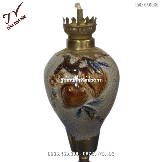 Đèn dầu thờ đắp nổi trúc đào - chân đồng - men rạn nổi - cao 37 cm - 610030