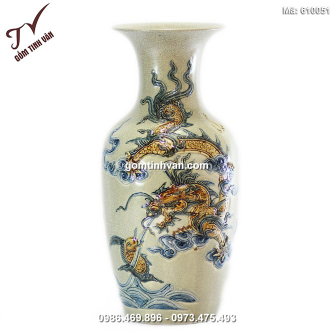 Lọ lộc bình rồng nổi - men rạn cổ - cao 45 cm - 610051