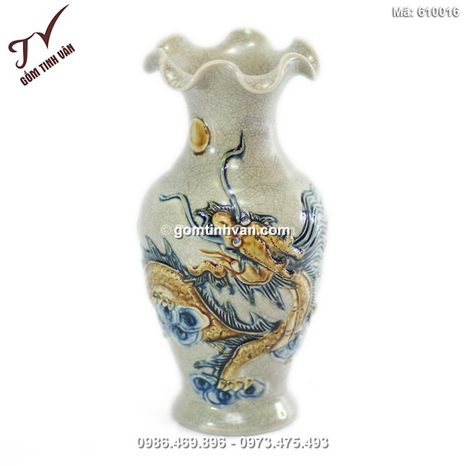 Lọ miệng loe Rồng nổi số 3 - men rạn cổ - cao 22 cm - 610016