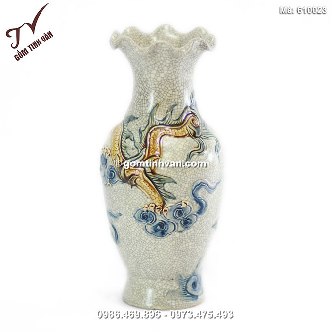 Lọ miệng loe Rồng nổi - men rạn cổ - cao 26 cm - 610023