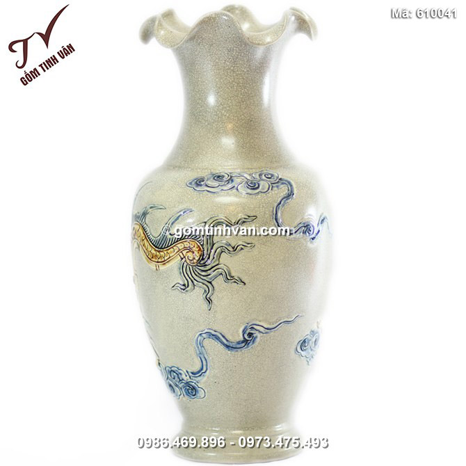 Lọ miệng loe Rồng nổi - men rạn cổ - cao 46 cm - 610041
