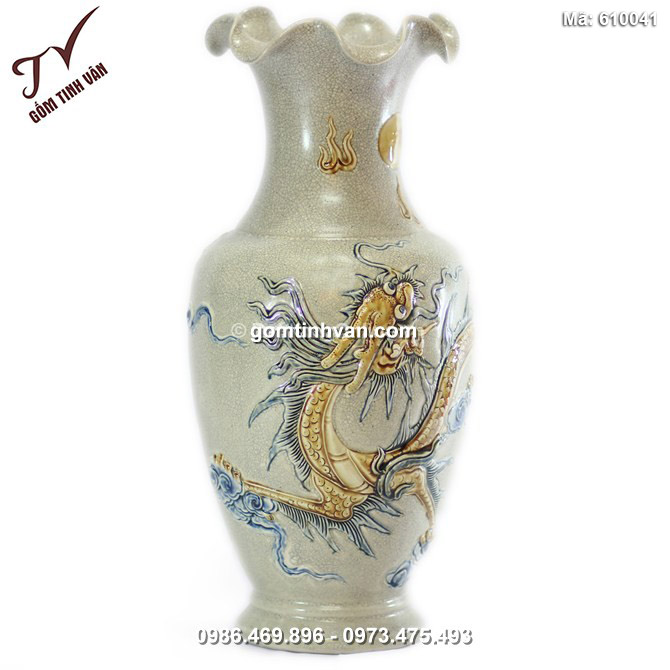 Lọ miệng loe Rồng nổi - men rạn cổ - cao 46 cm - 610041