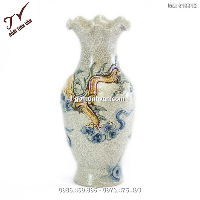 Lọ miệng loe Rồng nổi - men rạn cổ - cao 32 cm - 610012