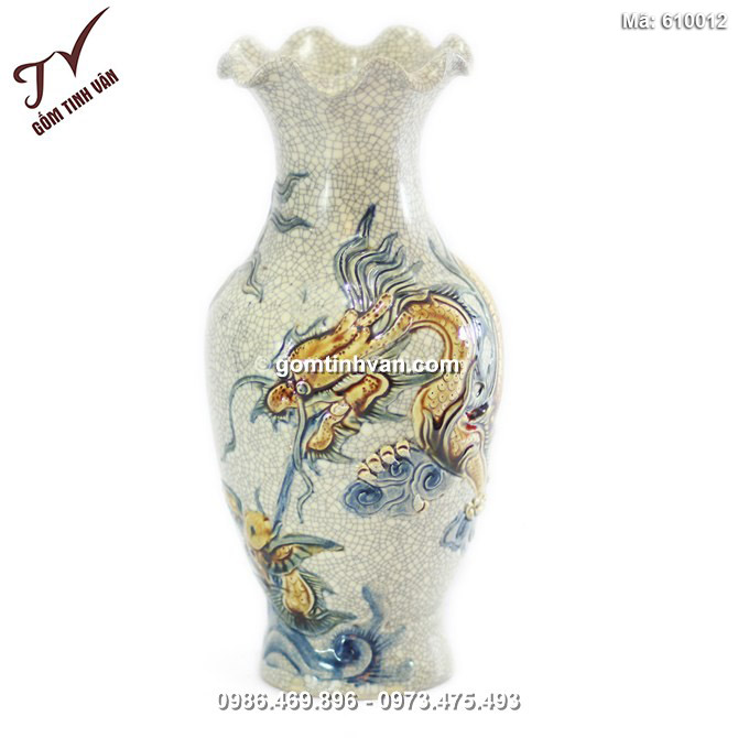 Lọ miệng loe Rồng nổi - men rạn cổ - cao 32 cm - 610012
