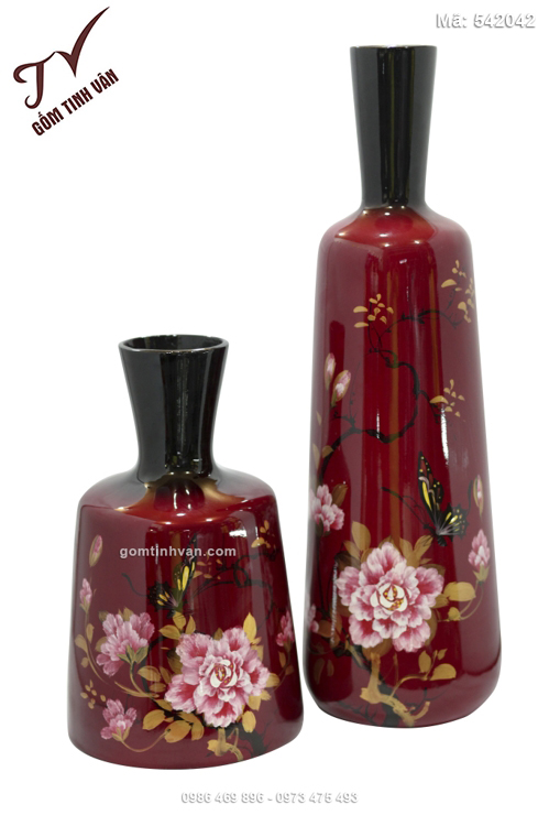 Bình hoa sơn mài đỏ vẽ hoa mẫu đơn - 542042