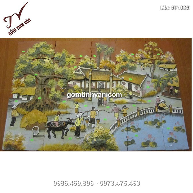 Tranh gốm ghép đắp nổi vẽ cảnh cây đa giếng nước sân đình - 571025