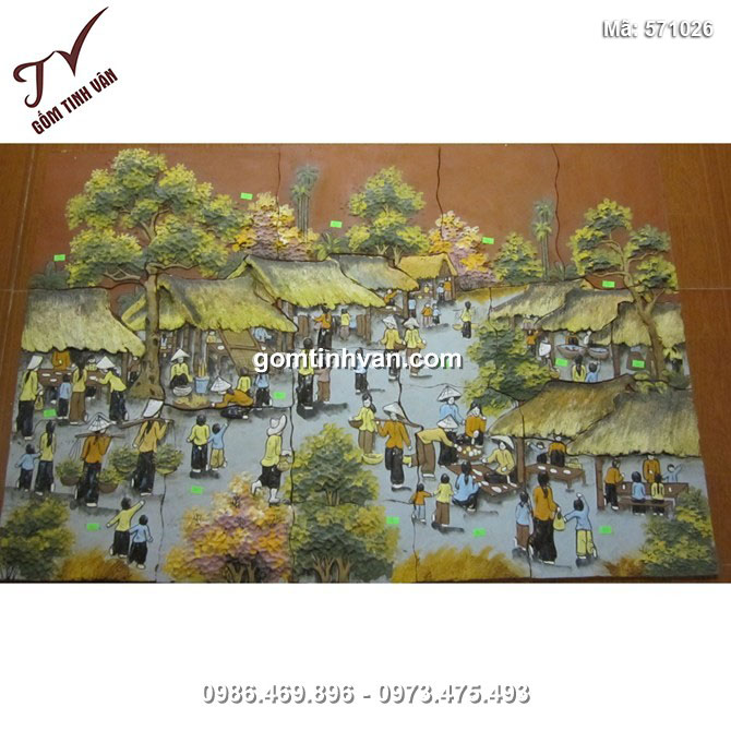 Tranh gốm ghép đắp nổi vẽ cảnh chợ quê - 571026