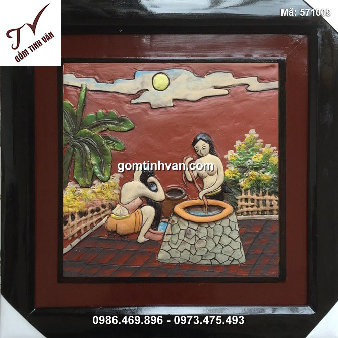 Tranh gốm vẽ hai cô gái - 50x50cm - 570009