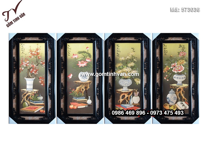 Tranh tứ bình đào sen cúc mẫu đơn - 573036